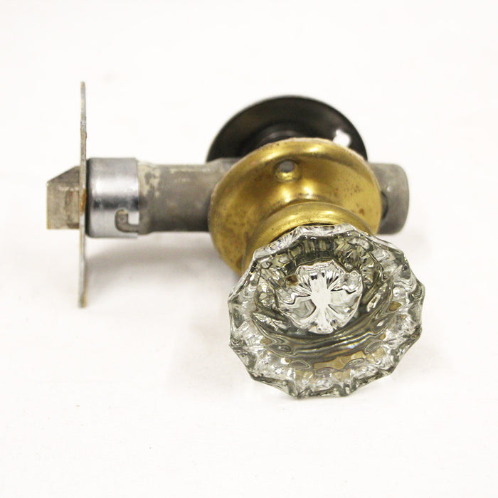 Antique Brass & Chrome Fluted Glass Closet Knob Set on Tube Latch w Rosettes