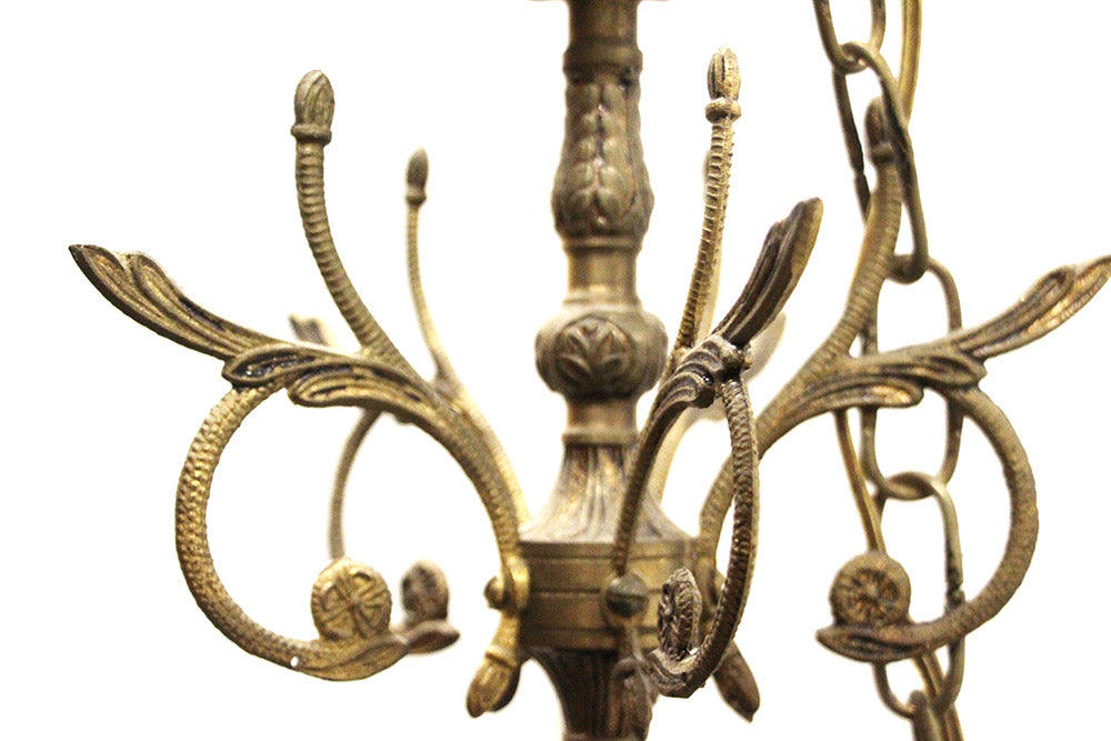Antique Spanish Brass 5 Light Chandelier Ornate Eastlake Floral Style w Crystals