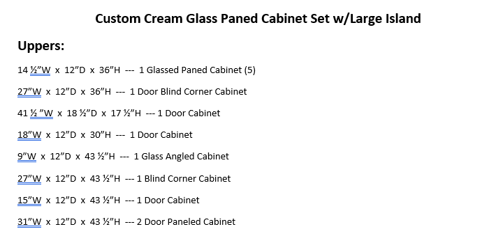 Custom Cream Glass Paneled Cabinet Set w/Large Island