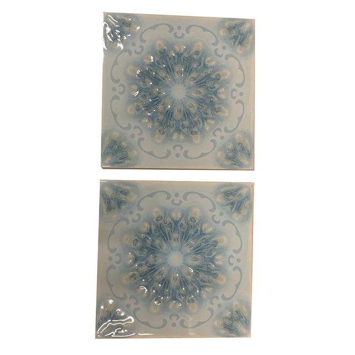 Antique Villeroy & Boch 6" Tiles Mid Century Blue Floral Abstract Mandala Design PAIR