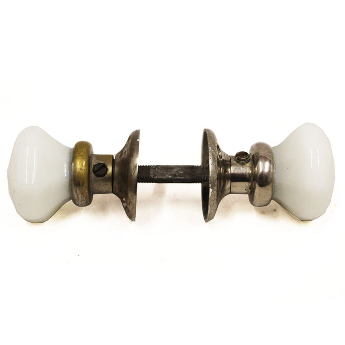 Antique Yale milk glass closet knobs w chrome coated brass shanks & rosettes