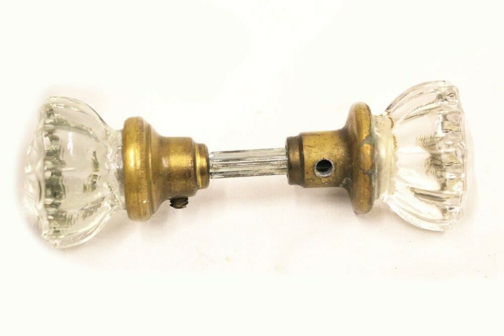 Antique 12 pt Glass Door Knob set w Fixed Brass Shanks Starburst Bullet Center