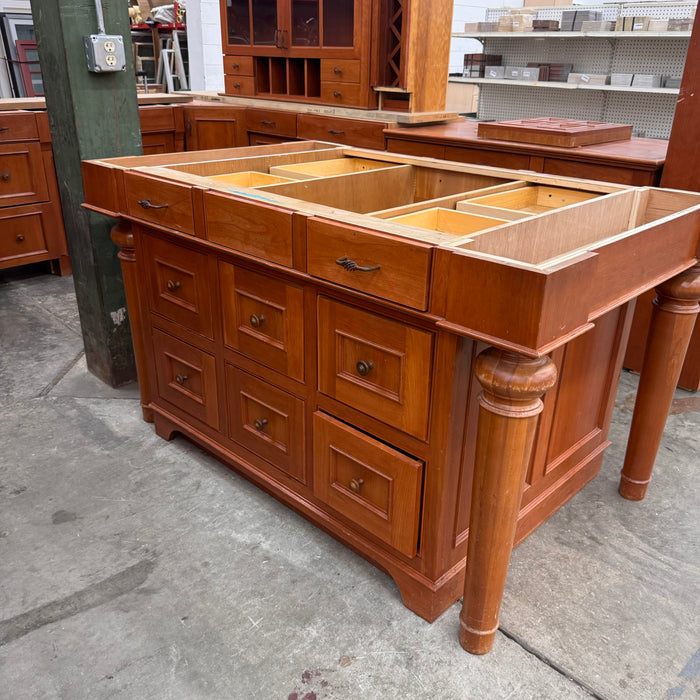 Cherry Maple-Stained Cabinet Set W/ Island and Glass Doors