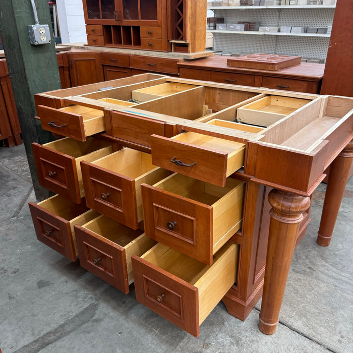 Cherry Maple-Stained Cabinet Set W/ Island and Glass Doors