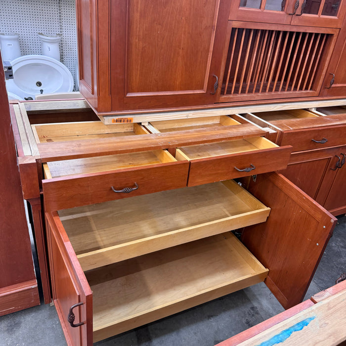 Cherry Maple-Stained Cabinet Set W/ Island and Glass Doors