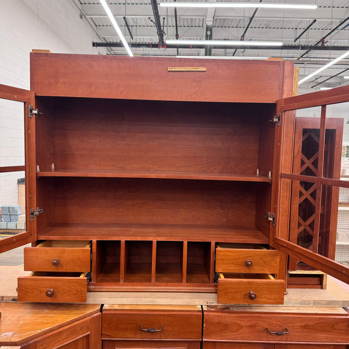 Cherry Maple-Stained Cabinet Set W/ Island and Glass Doors