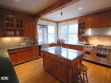 Cherry Maple-Stained Cabinet Set W/ Island and Glass Doors