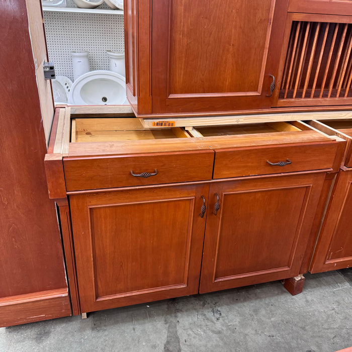 Cherry Maple-Stained Cabinet Set W/ Island and Glass Doors