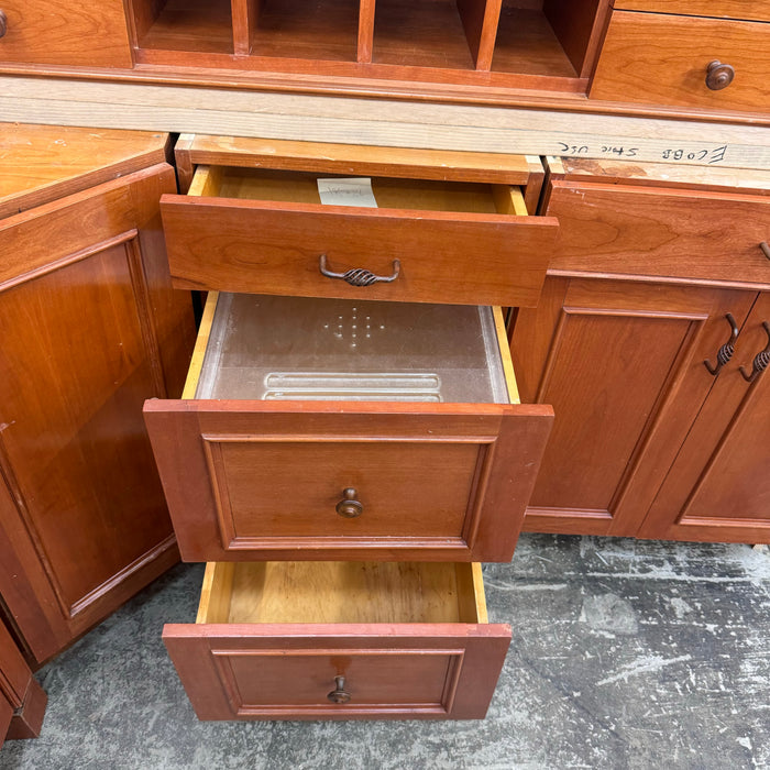 Cherry Maple-Stained Cabinet Set W/ Island and Glass Doors