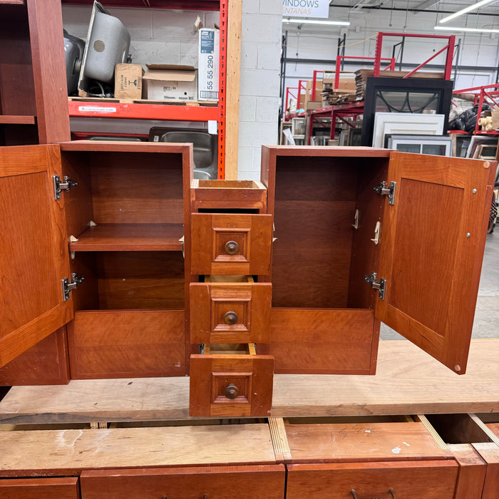 Cherry Maple-Stained Cabinet Set W/ Island and Glass Doors