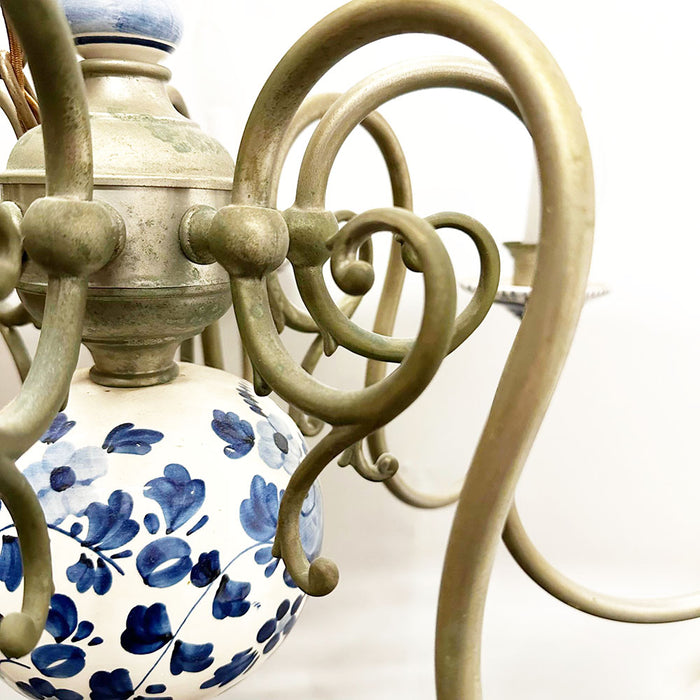 Antique 8 Light 1940s Dutch Brass & Porcelain Hand Painted Delft Blue & White Chandelier