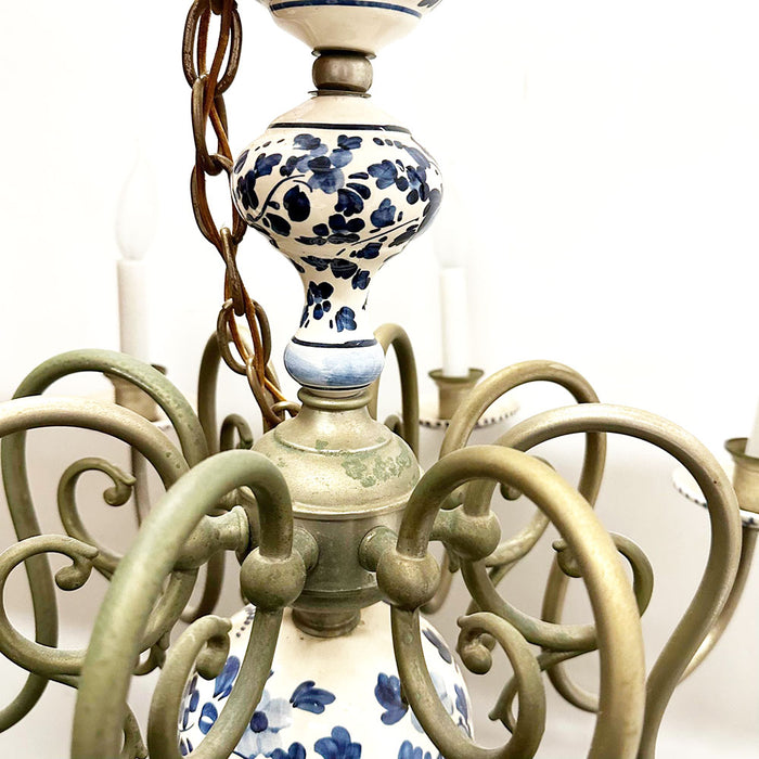 Antique 8 Light 1940s Dutch Brass & Porcelain Hand Painted Delft Blue & White Chandelier