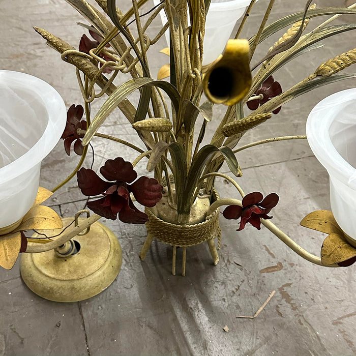 Vintage 3 Light Toleware Chandelier w Wheat and Red Flowers Calla Lilies