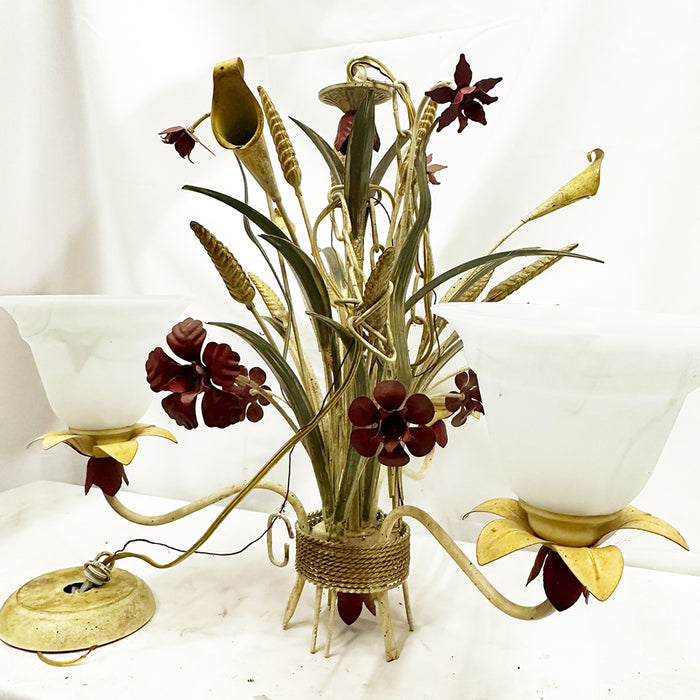 Vintage 3 Light Toleware Chandelier w Wheat and Red Flowers Calla Lilies