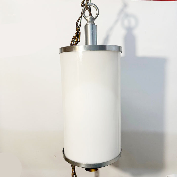 28 x 10" Art Deco Style Exterior Pendant 4 Light w Milk Glass Drum Shade & Metal Trim