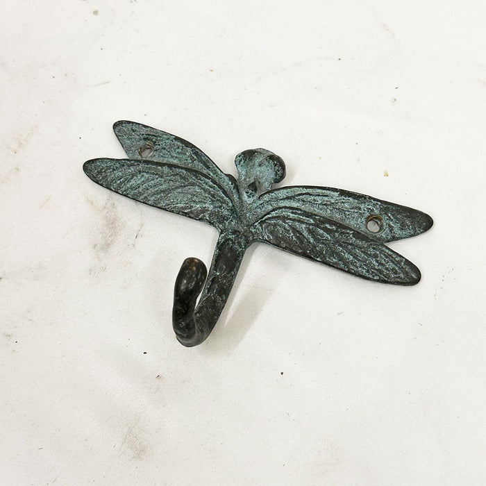 Solid Brass Dragonfly Coat Hook Patina Green