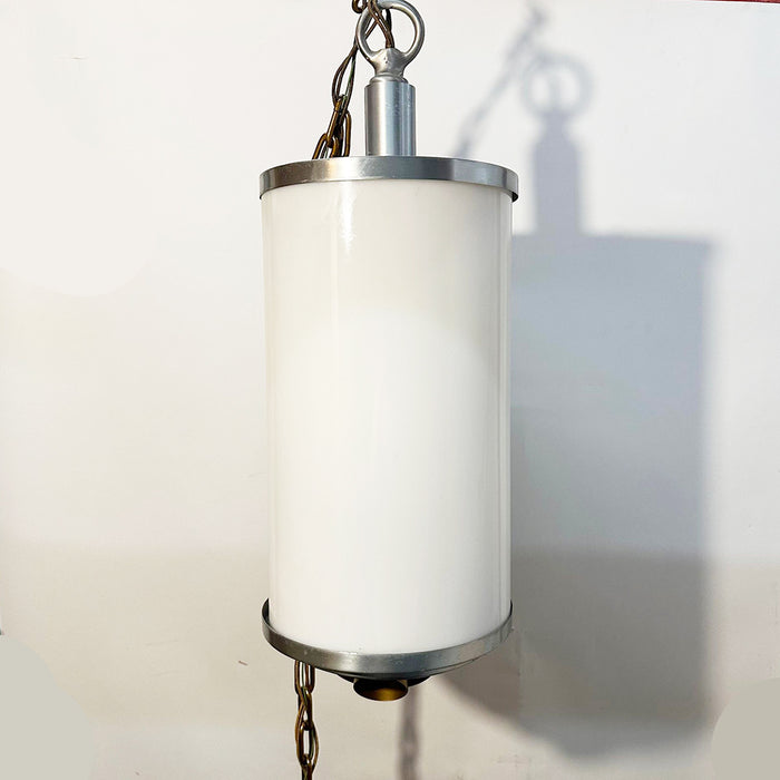 28 x 10" Art Deco Style Exterior Pendant 4 Light w Milk Glass Drum Shade & Metal Trim