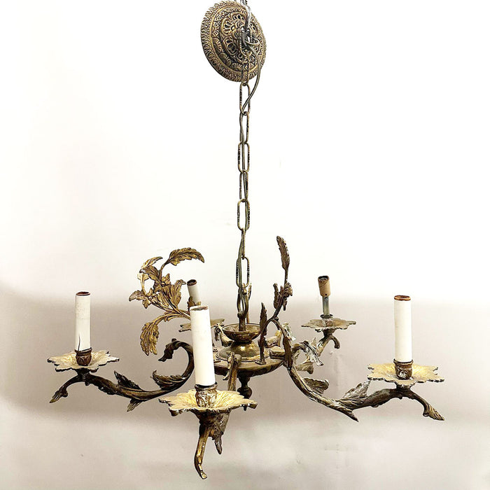 Antique Spanish Brass 5 Light Chandelier Leaf Design BROKEN FOR PARTS