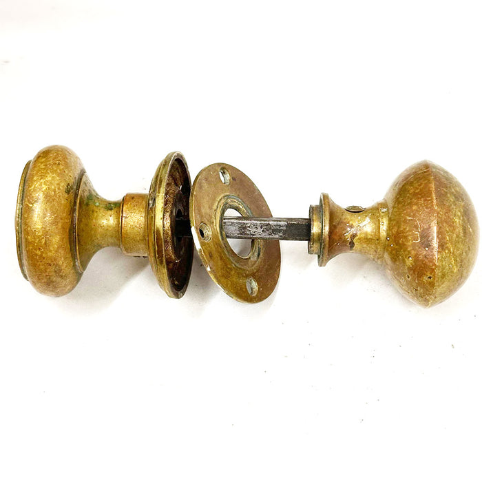 Antique Solid Brass Bullseye & Egg knob set w Rosettes on Spindle