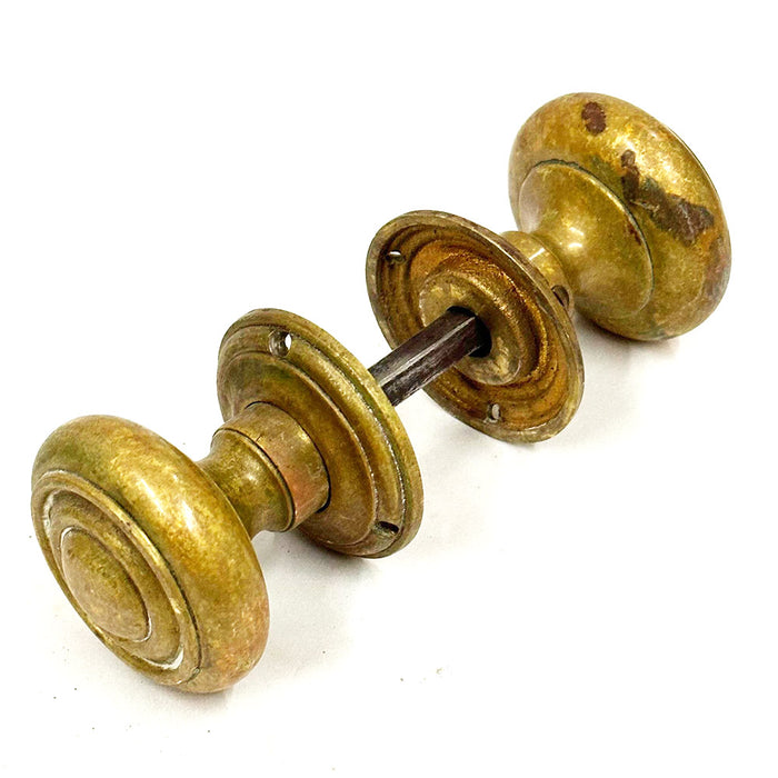 Antique Solid Brass Bullseye knob set w Rosettes on Spindle