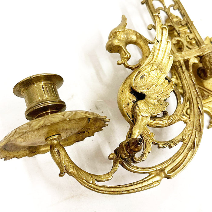 Antique Beautiful Solid Brass Ornate Gryphon Swing Arm Candelabras Wall Mounted PAIR