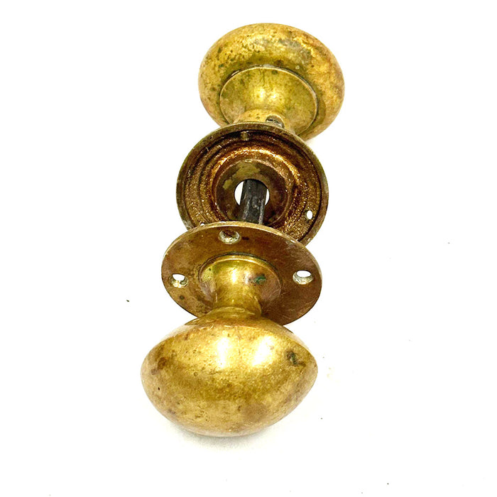 Antique Solid Brass Bullseye & Egg knob set w Rosettes on Spindle