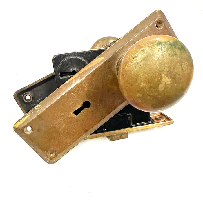 Antique Solid Brass Corbin Door Hardware Knob & Rectangular Backplates w Mortise