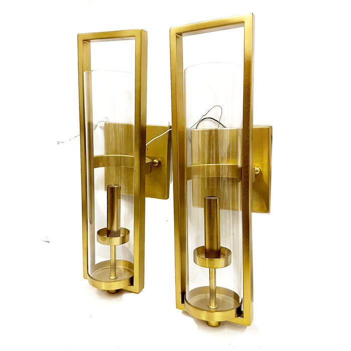 Pair of Contemporary Golden Wall Sconces with Glass Cylinder Shades