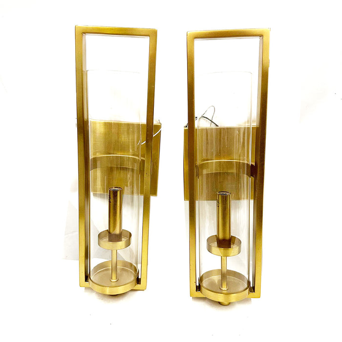 Pair of Contemporary Golden Wall Sconces with Glass Cylinder Shades