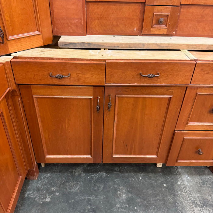 Cherry Maple-Stained Cabinet Set W/ Island and Glass Doors