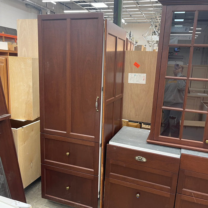 Mahogany-Stained and White Cabinet Set w/ Glass Paneling