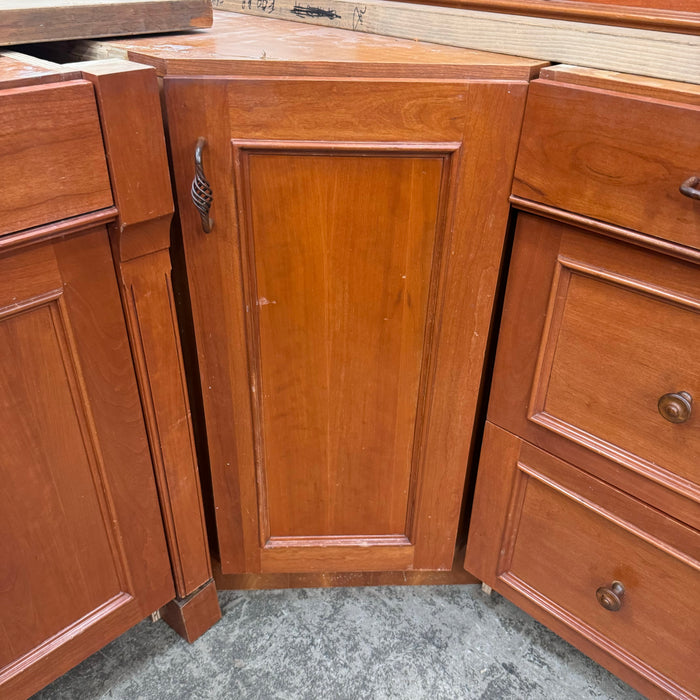 Cherry Maple-Stained Cabinet Set W/ Island and Glass Doors