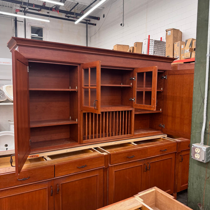 Cherry Maple-Stained Cabinet Set W/ Island and Glass Doors