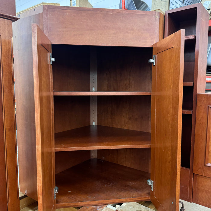 Cherry Maple-Stained Cabinet Set W/ Island and Glass Doors