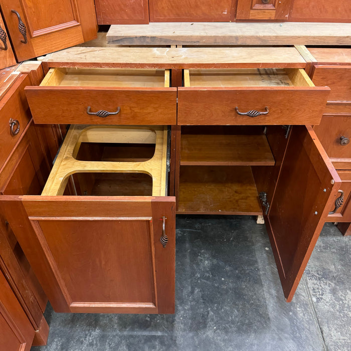 Cherry Maple-Stained Cabinet Set W/ Island and Glass Doors