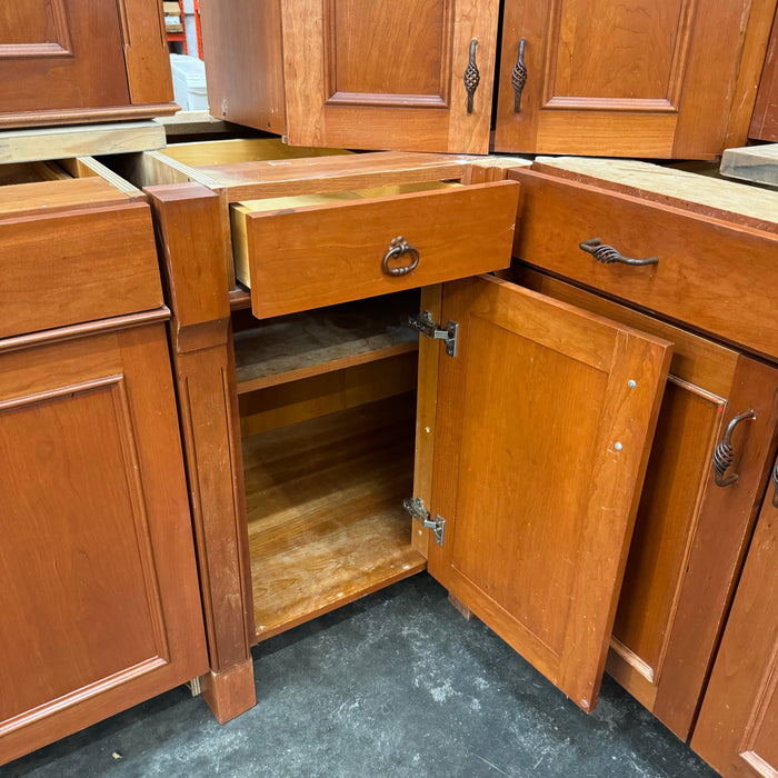 Cherry Maple-Stained Cabinet Set W/ Island and Glass Doors