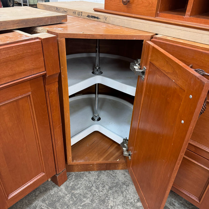 Cherry Maple-Stained Cabinet Set W/ Island and Glass Doors