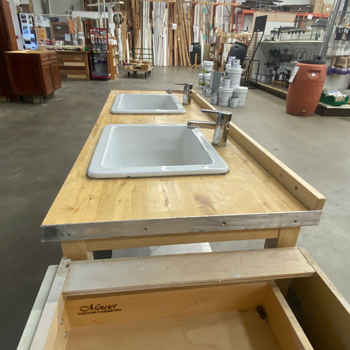 Double Sink Butcher Block Countertop w/Stainless Steel Shelf