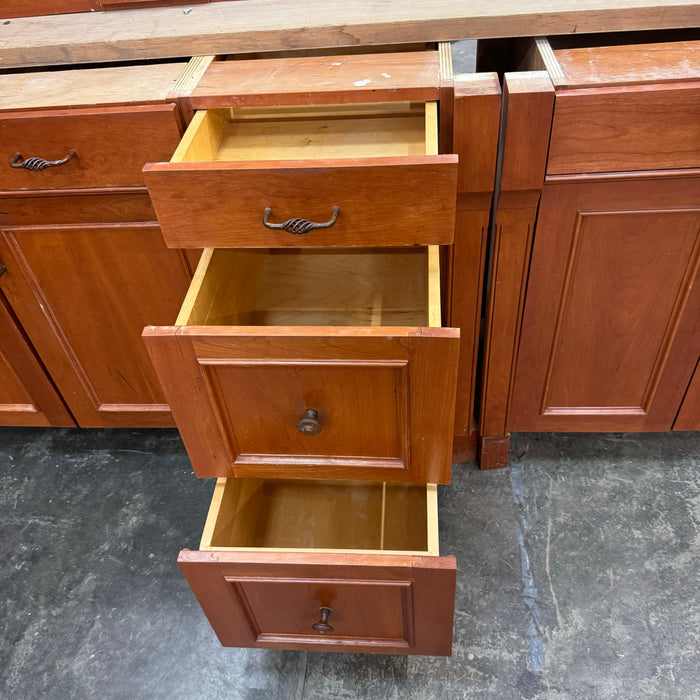 Cherry Maple-Stained Cabinet Set W/ Island and Glass Doors