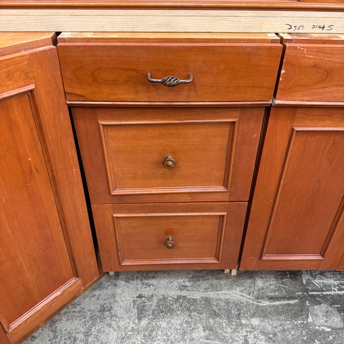 Cherry Maple-Stained Cabinet Set W/ Island and Glass Doors