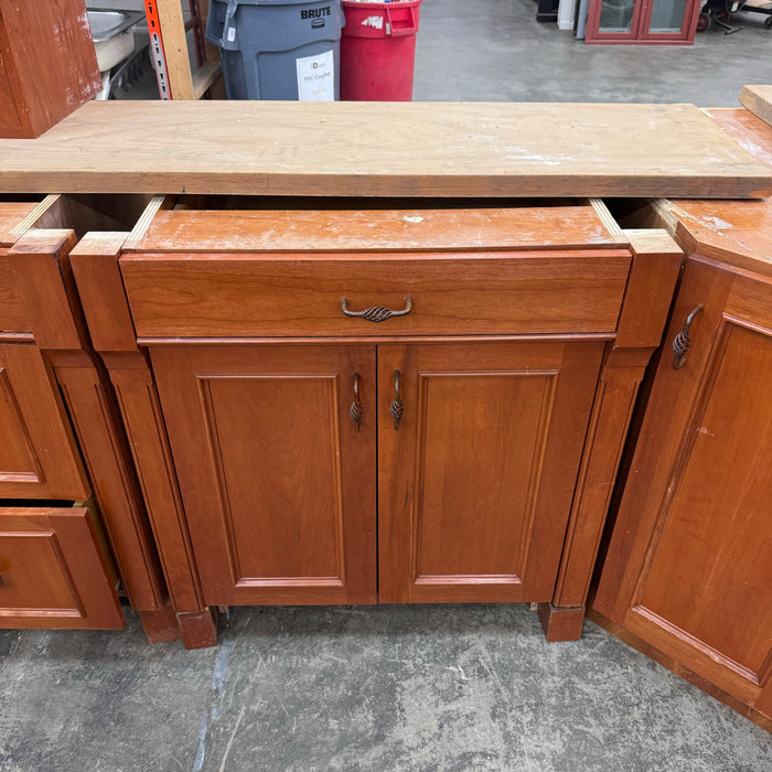 Cherry Maple-Stained Cabinet Set W/ Island and Glass Doors