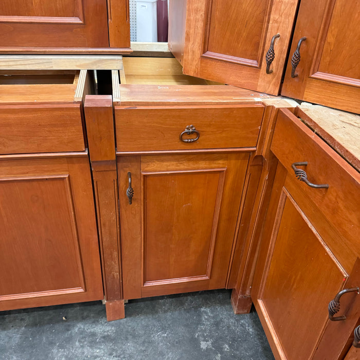 Cherry Maple-Stained Cabinet Set W/ Island and Glass Doors