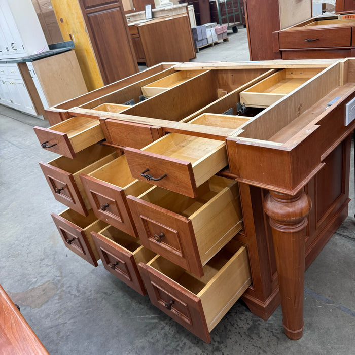 Cherry Maple-Stained Cabinet Set W/ Island and Glass Doors