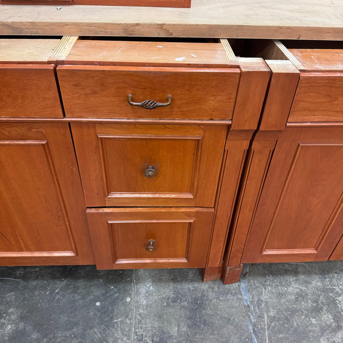 Cherry Maple-Stained Cabinet Set W/ Island and Glass Doors