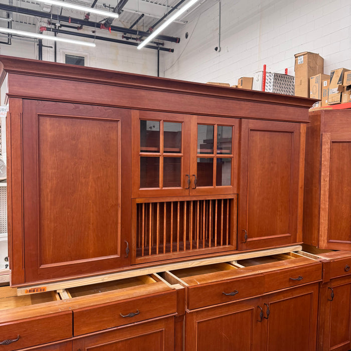 Cherry Maple-Stained Cabinet Set W/ Island and Glass Doors