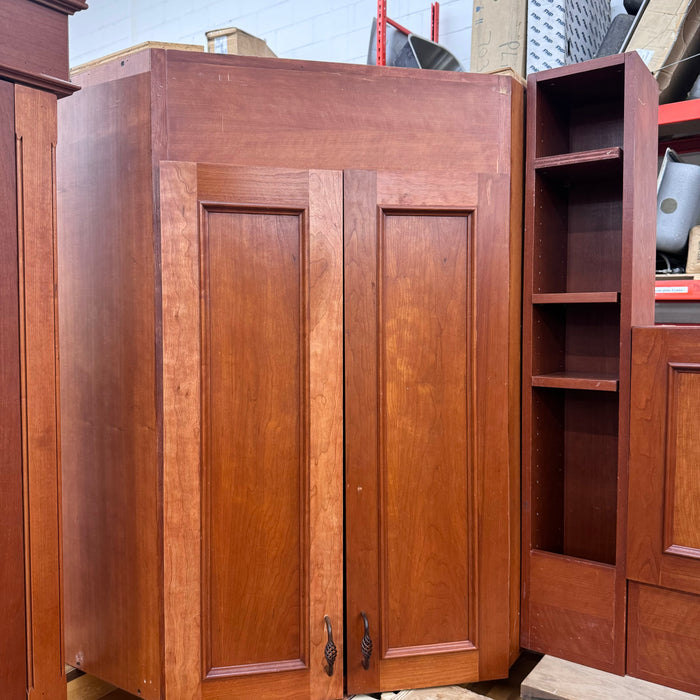 Cherry Maple-Stained Cabinet Set W/ Island and Glass Doors