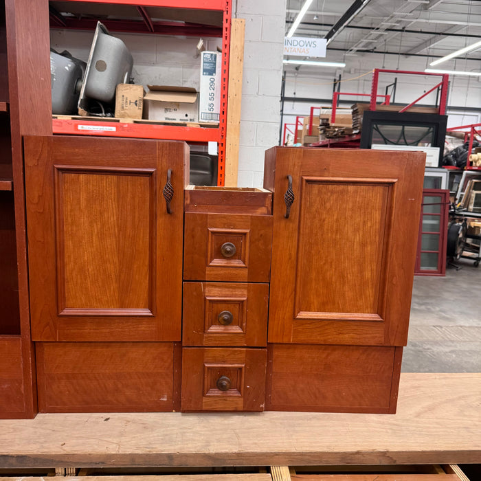 Cherry Maple-Stained Cabinet Set W/ Island and Glass Doors