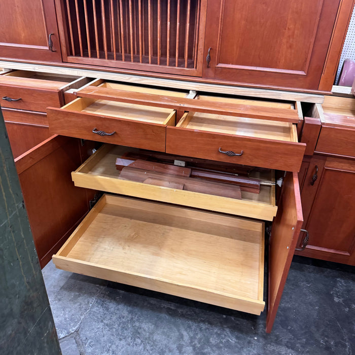 Cherry Maple-Stained Cabinet Set W/ Island and Glass Doors