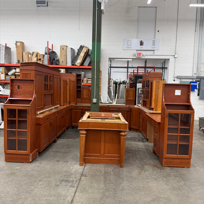 Cherry Maple-Stained Cabinet Set W/ Island and Glass Doors