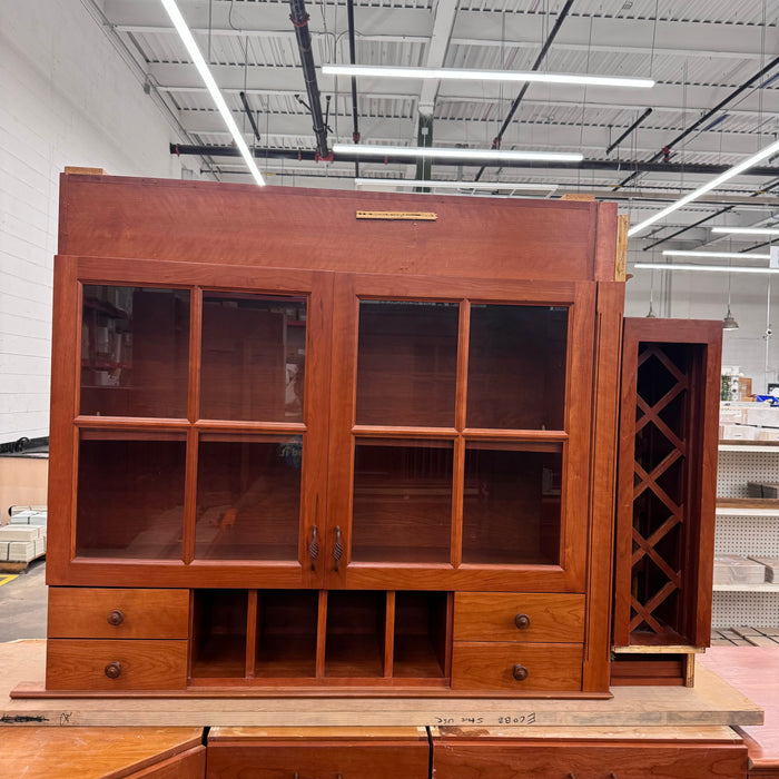 Cherry Maple-Stained Cabinet Set W/ Island and Glass Doors